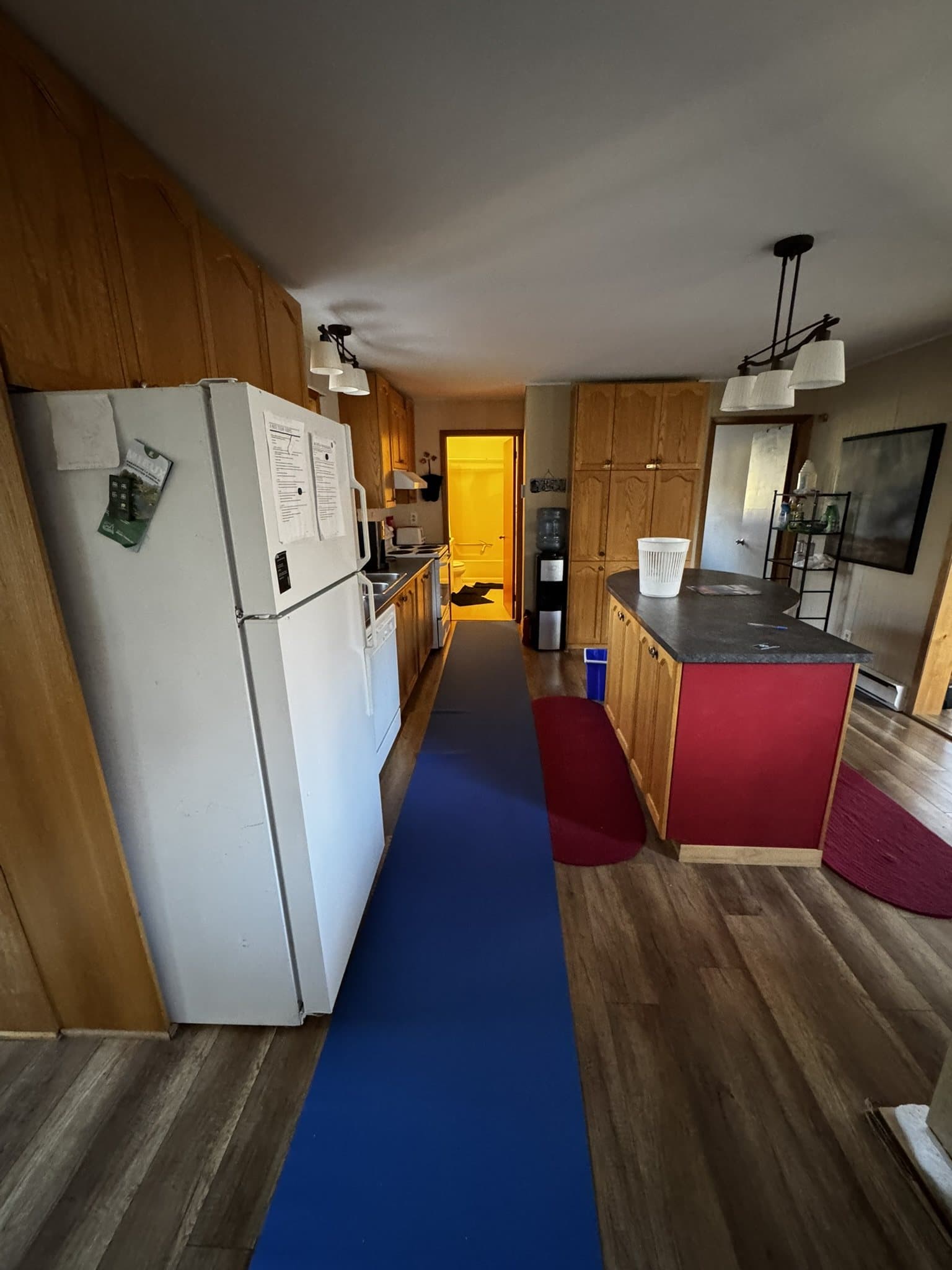 Tapis de protection déroulé dans la cuisine avant l’intervention
